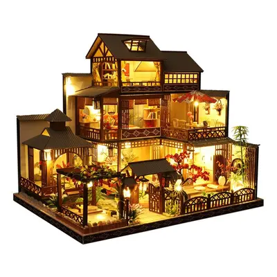 Wooden DIY Japanese Villa Doll House Miniature Kits Handmade Assemble Toy with Furniture LED Lig