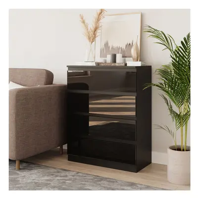 (Black & Black) Drawer High Glossy Wooden Bedroom Chest Cabinet No Handle Drawer Storage