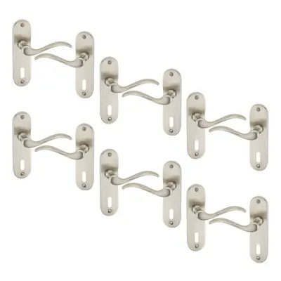 (Satin Nickel Keyhole Set of 6) 6/4 Pcs Geneva Metal Door Lever Handles Set, Fire, Stain & Scrat