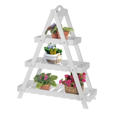 (White) 3-Tier Triangular Wooden Plant Ladder Stand