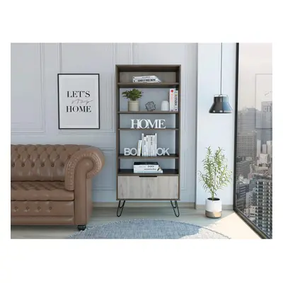 Tall Bookcase Tier Display Cabinet Door Storage Cupboard Dark Grey Oak