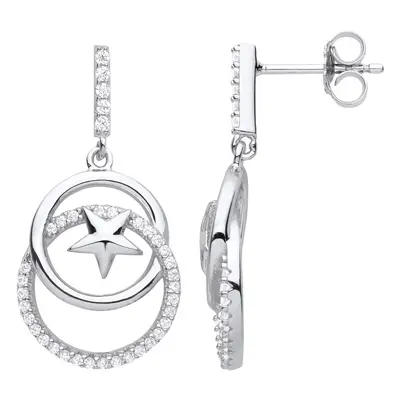 Jewelco London Ladies Rhodium Plated Sterling Silver CZ Stars Orbit Moon Circles Drop Earrings -