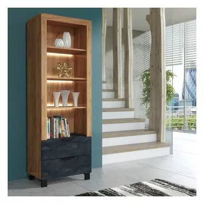 Furneo Display Cabinet Oak & Black Concrete Effect Modern Storage Cupboard White LED Lights Enzo