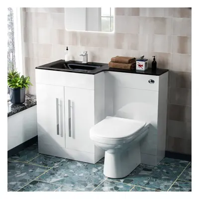 Left Hand 600mm Black Basin and White Vanity Cabinet & BTW Toilet Ason