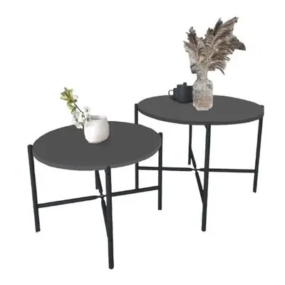 (Anthracite) 2-Pcs Round Wooden Nesting End Coffee & Side Table