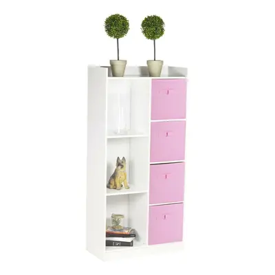 (White, Light Pink) Bookcase with Fabric Drawers | Cube Wooden Unit