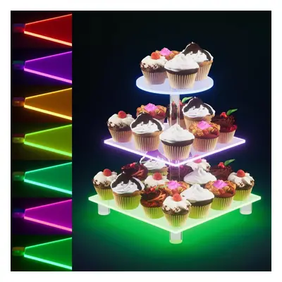 (3 Tier Multicolors LED Rechargeable) Rechargeable Acrylic Cupcake Stand Display Wedding Party T