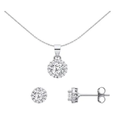 Jewelco London Ladies Rhodium Plated Sterling Silver CZ Halo Cluster Solitaire Earrings Necklace