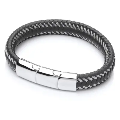 Jewelco London Mens Rhodium Plated Stainless Steel Black Leather Platted Cuff Bracelet 12mm 8.25