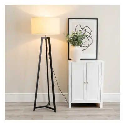 ValueLights Lottie Natural Shade Black Wood Tripod Floor Lamp & Bulb