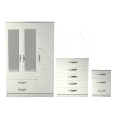 Ready assembled Pcs Classic Door Drawer Mirrored Wardrobe, Chest And Bedside Set White