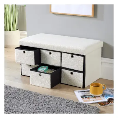 Home Source Boucle Fabric Folding Drawer Storage Ottoman - Cream