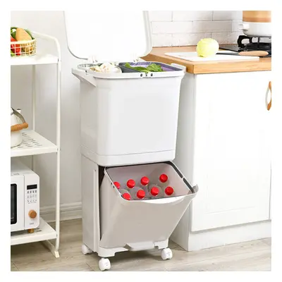 2 Tier 38L Large Rubbish Dustbin Kitchen Recycling Trash Bin with Wheels White