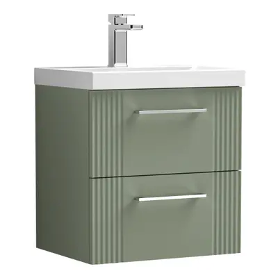 Retro Drawer Wall Hung Vanity Unit with Thin-Edge Tap Hole Ceramic Basin - 500mm - Satin Green -