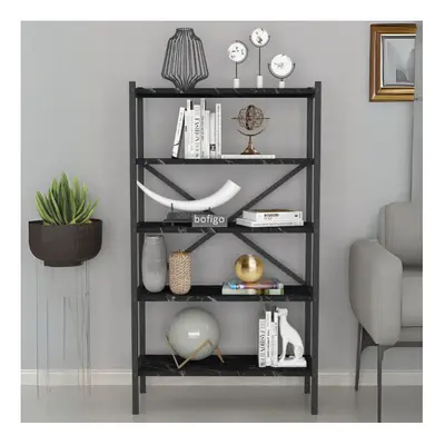 (Black Marble) 5-Shelf Wood Bookcase Unit With Metal Frame