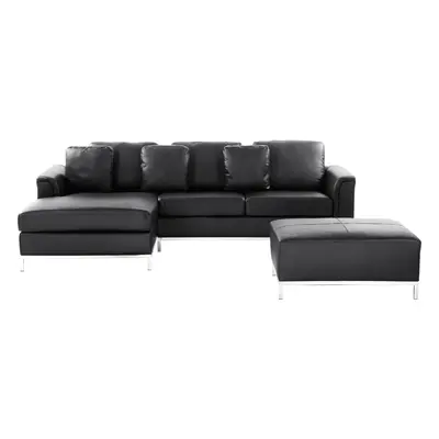 Right Hand Leather Corner Sofa with Ottoman Black OSLO