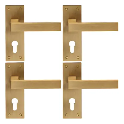 4x PAIR Straight Square Handle on Euro Lock Backplate x 50mm Antique Brass