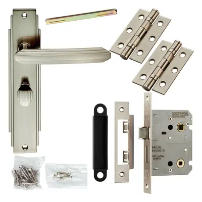 Door Handle & Bathroom Lock Pack Satin Nickel Art Deco Detail Premium Backplate