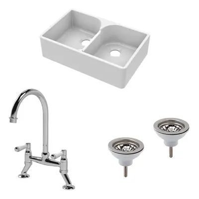 Fireclay Kitchen Bundle - Double Bowl Stepped Weir Butler Sink, Wastes & Bridge Lever Tap, 795mm