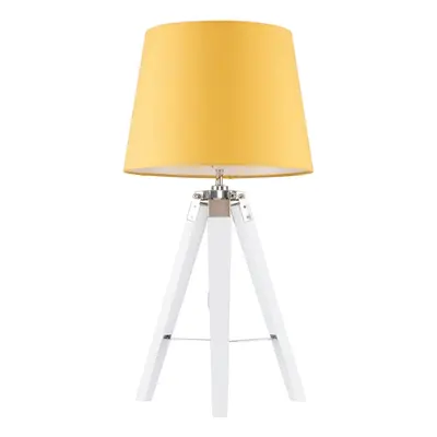 Modern White Wood and Silver Chrome Tripod Table Lamp with a Mustard Tapered Shade - Complete wi