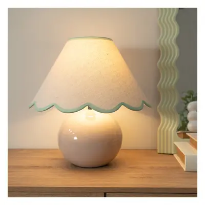 ValueLights Bosco Stone Table Lamp and Green Trim Scallop Shade & Bulb