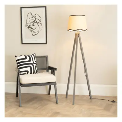 ValueLights Barbro Grey Wood Scallop Black Edge Shade Floor Lamp