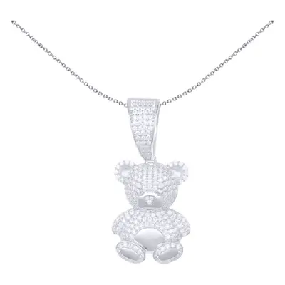 Jewelco London Unisex Rhodium Silver Round CZ Cute Fluffy Teddy Bear Charm Pendant - APD183