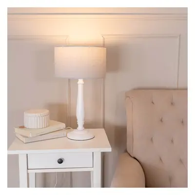 ValueLights Victoria Grey Drum Shade White Wood Stem Table Lamp