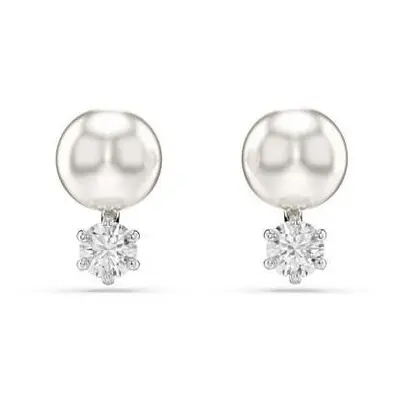 Matrix Rhodium Plated White Crystal Pearl Stud Earrings