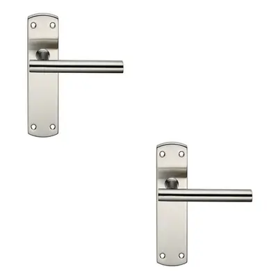 2x Mitred T Bar Lever Door Handle on Latch Backplate x 44mm Satin Steel