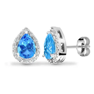 Jewelco London 9ct White Gold Pave Set H I1 0.12ct Diamond and Pear Blue 1.5ct Topaz Happy Tears