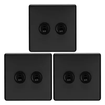 3 PACK Gang Double Retro Toggle Light Switch SCREWLESS MATT BLACK 10A Way