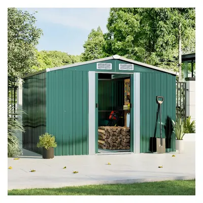 8 x ft Dark Green Large Metal Garden Tool Storage Shed with Base