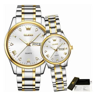 5563 Golden Diamond-encrusted Quartz Watch for Couple Stainless Steel Strap Waterproof Couple Wr