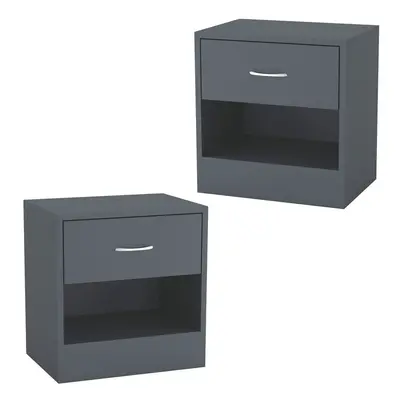 (Dark Grey) Modern Single Drawer Wooden Bedside & Nightstand Storage Table, Set of