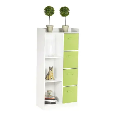 (White, Green) Bookcase with Fabric Drawers | Cube Wooden Unit