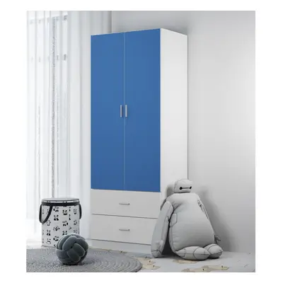 (Blue Carcass + White Drawers) Wooden Door Drawer Kids Wardrobe Hanging Bar