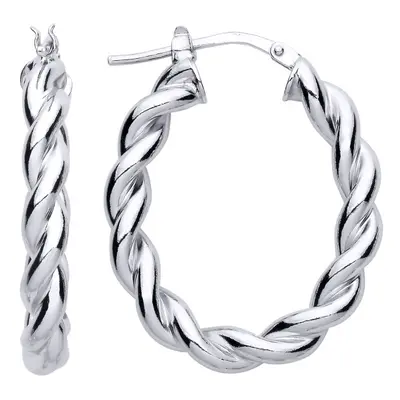 Jewelco London Ladies Rhodium Plated Sterling Silver Plaited Chunky Twist Oval Hoop Earrings 24m