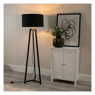 ValueLights Lottie Black & Gold Shade Black Wood Tripod Floor Lamp