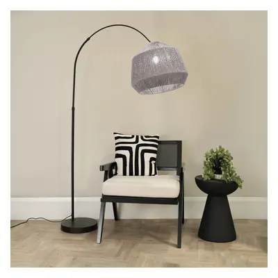 ValueLights Louis Black Arched Floor Lamp with Grey Rope Dome Shade