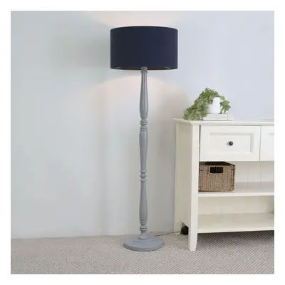 ValueLights Victoria Navy Blue Drum Shade Grey Wood Floor Lamp & Bulb