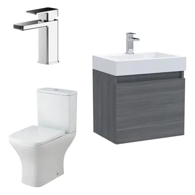 Cloakroom Suite - Vanity Unit, Tap and Toilet - Grey/Brass