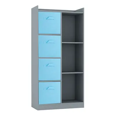 (Grey, Light Blue) Bookcase with Fabric Drawers | Cube Wooden Unit