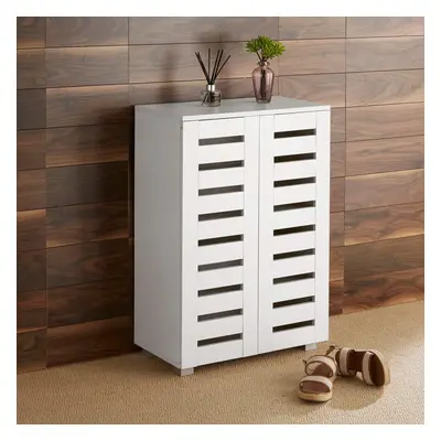 (White) Home Source Oslo Door Slatted Shoe Cabinet Storage Unit