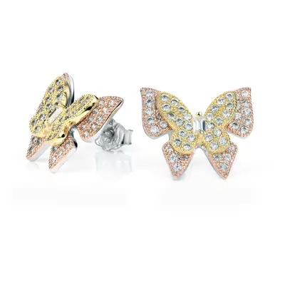 Jewelco London Rose & Gold Plated Sterling Silver White Cubic Zirconia Coloured Butterfly Stud E