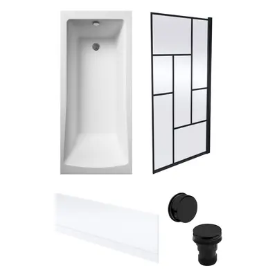 Square Single Ended Bath, Front Panel, Abstract Black Screen and Waste -1700x700mm