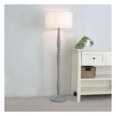 ValueLights Victoria White Drum Shade Grey Wood Stem Floor Lamp & Bulb