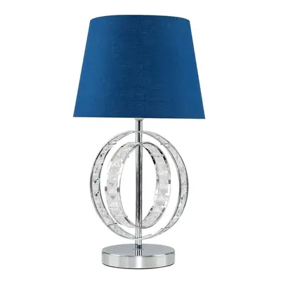 Chrome Acrylic Jewel Double Hoop Design Table Lamp with a Navy Blue Polycotton Tapered Light Sha