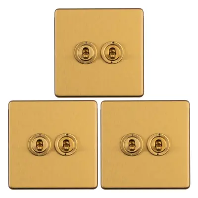 3 PACK Gang Double Retro Toggle Light Switch SCREWLESS SATIN BRASS 10A Way