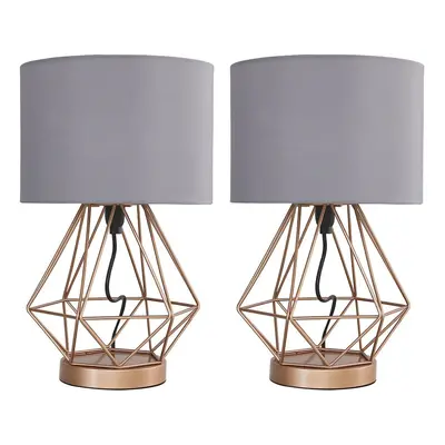 Pair of - Modern Copper Metal Basket Cage Touch Table Lamps with a Grey Cylinder Shade